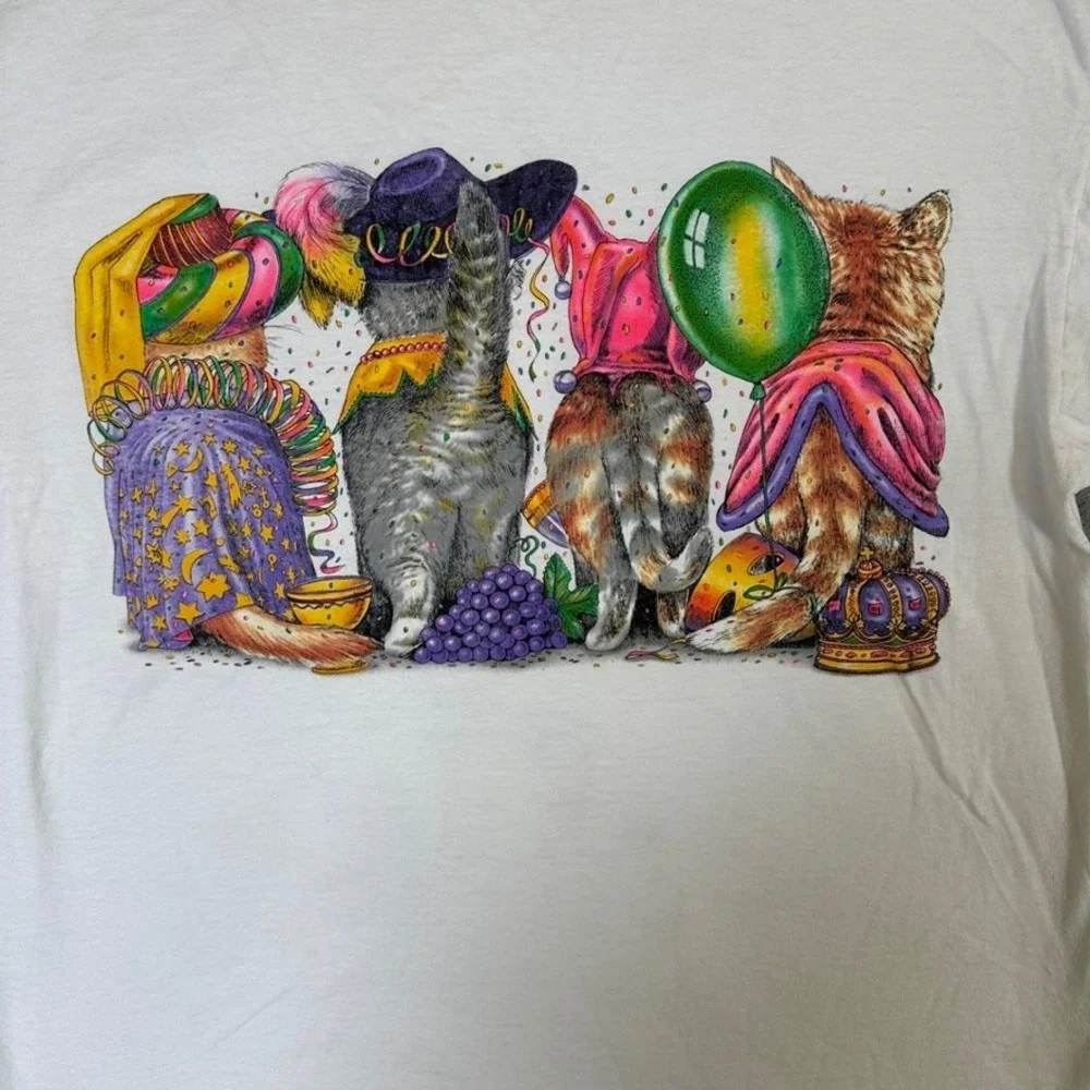 Vintage Prints of Tails Mardi Gras Cats Rio Las Vegas T-Shirt XL White Oneita